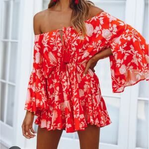 HELLO MOLLY Orange & White Floral Print Romper. Size XS